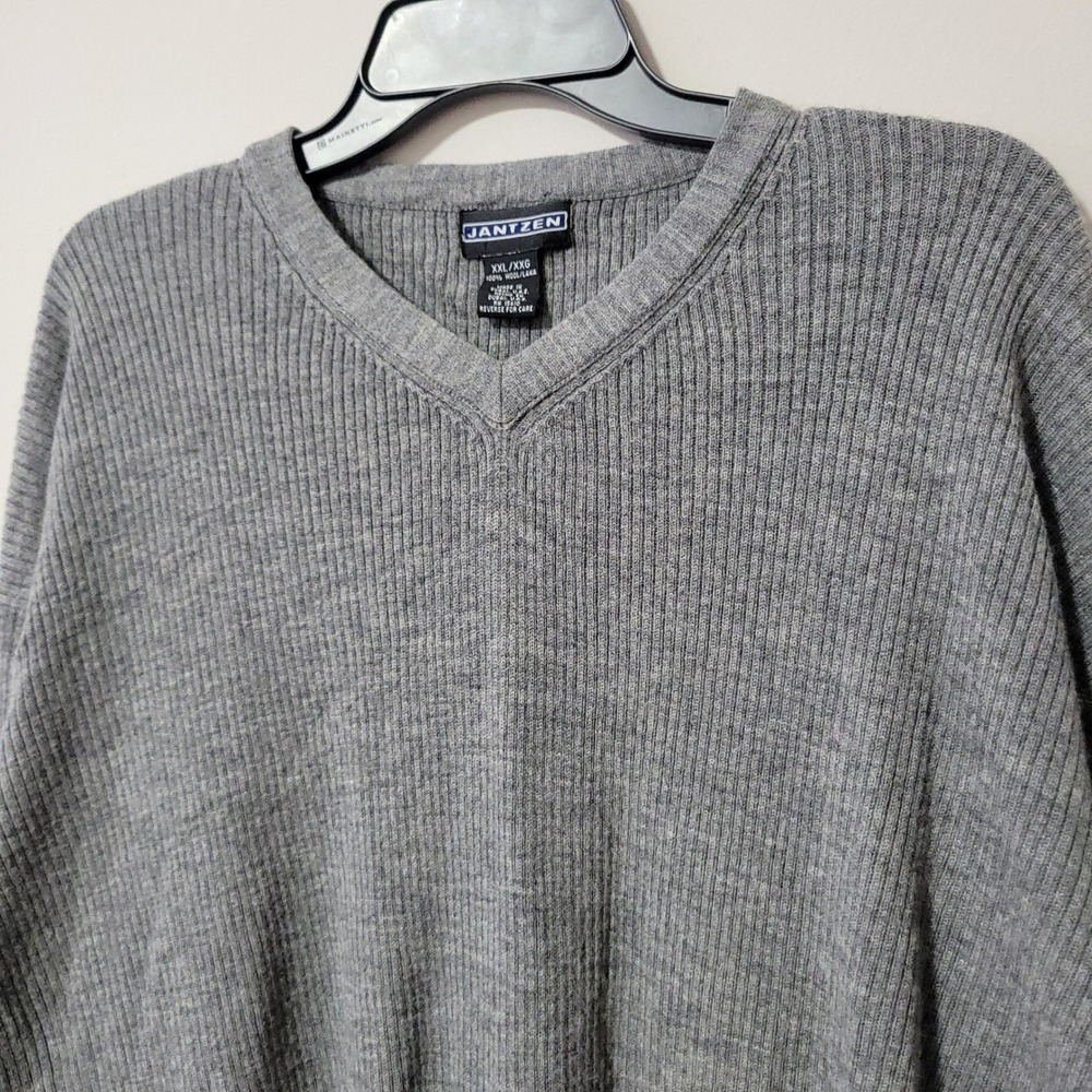 Vintage Jantzen Sweater Men XXL Gray 100% Wool Ribbed V Neck Long Sleeve Grandpa